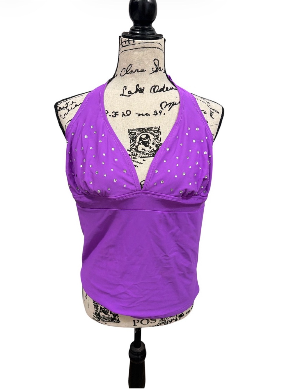 Deb purple halter-style tankini top with rhinestone embellishments 1X